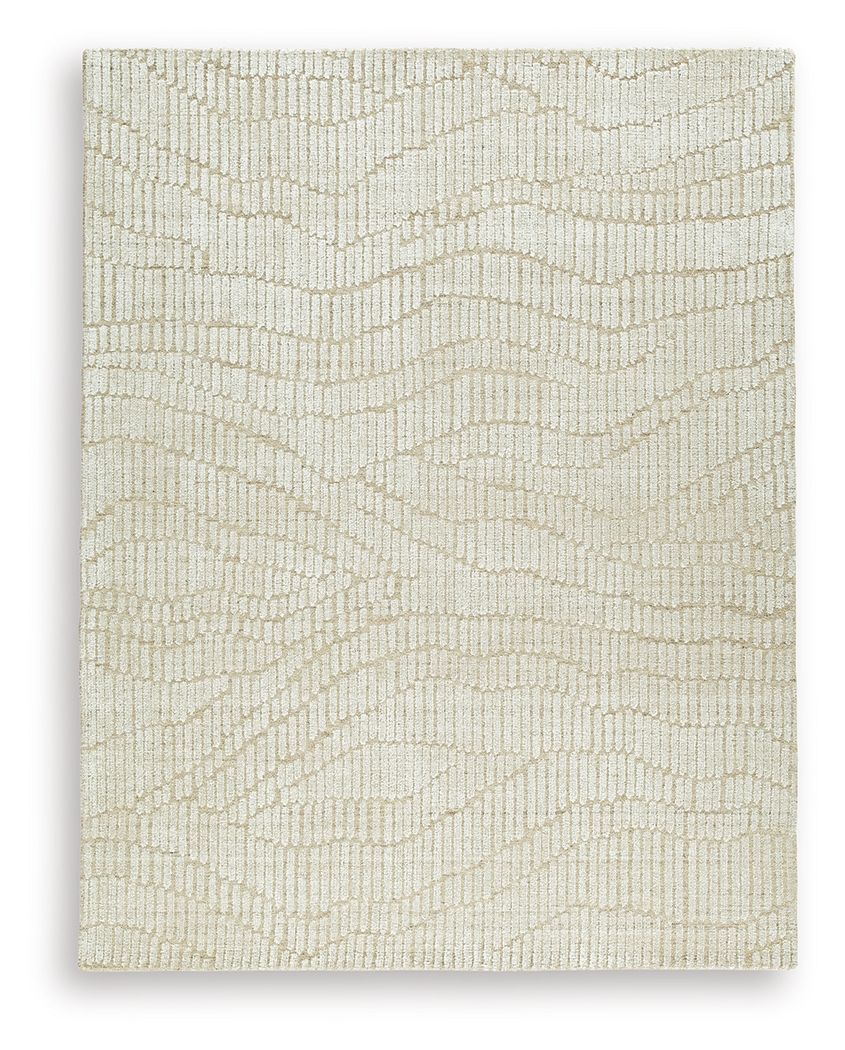 Beige rug with raised loop texture and wavy lines pattern
