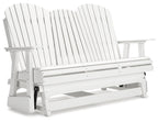 White outdoor loveseat with slatted back, armrests, and bench-style seat