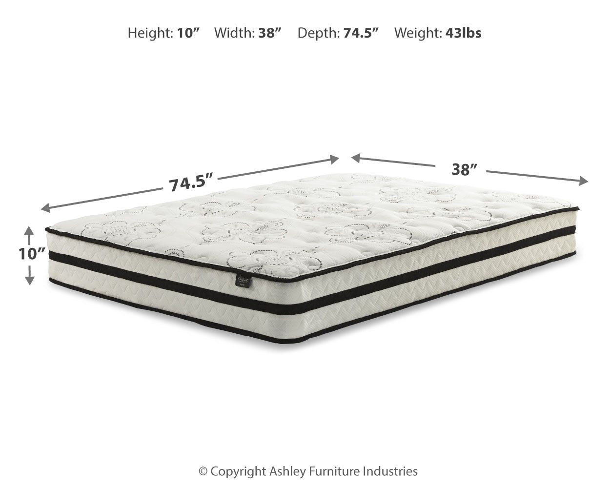 Chime 10-inch hybrid mattress, white quilted top with dark edge piping
