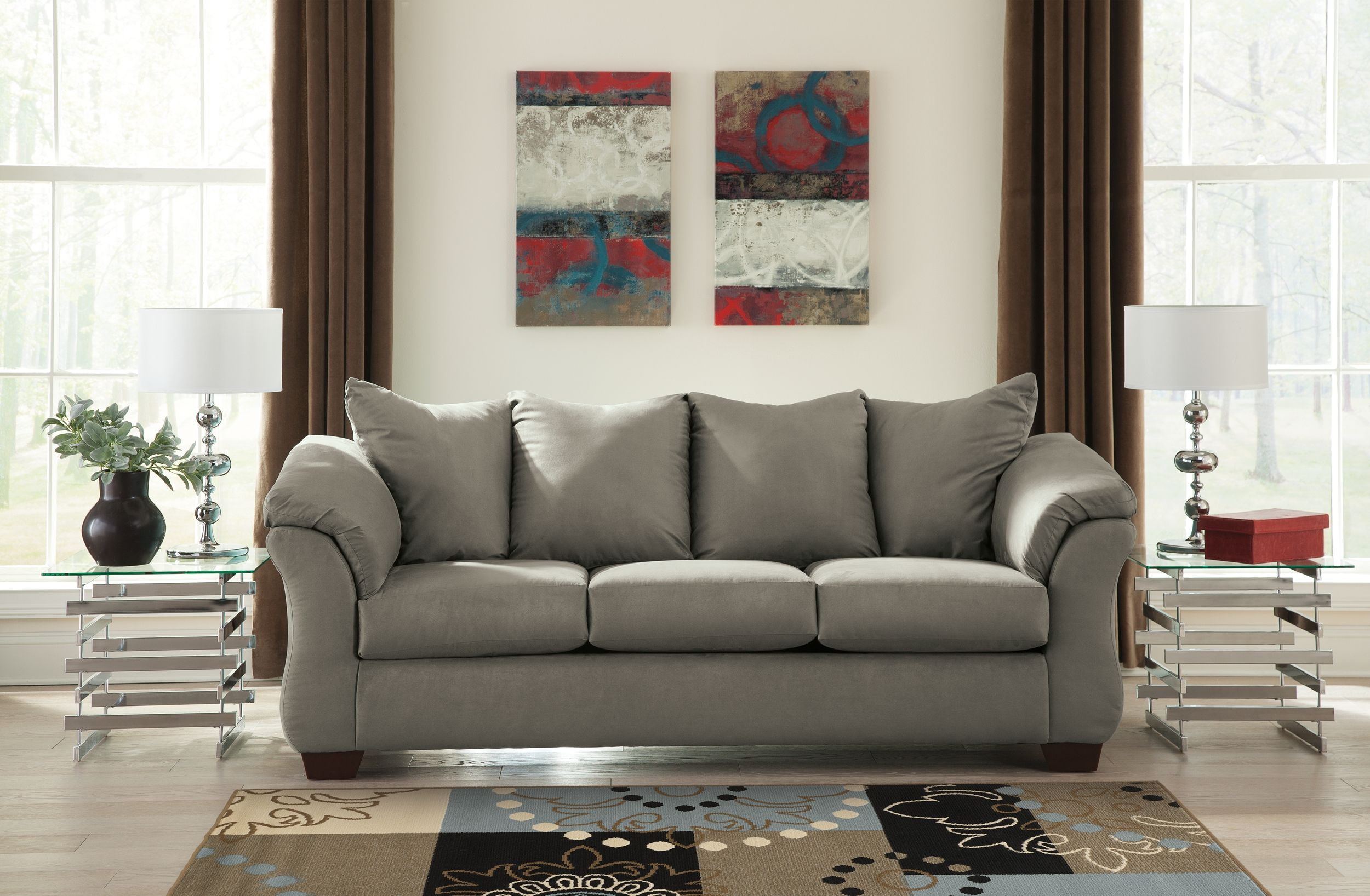 Cobblestone gray sofa with three seat cushions and rolled arms, front view