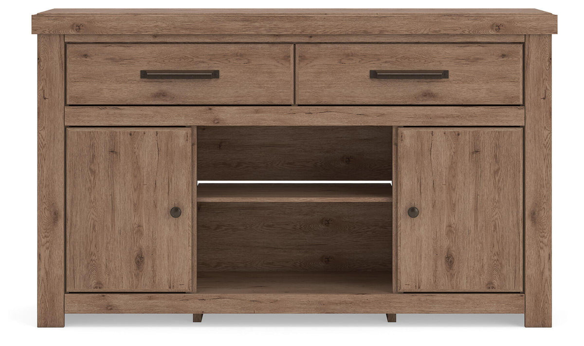 Light brown wood TV stand with two drawers and two cabinet doors, open shelf.