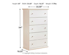 White five-drawer chest with five metal-knob drawers and crown top trim