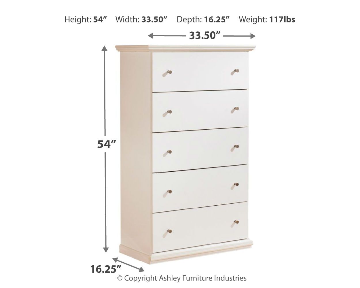 White five-drawer chest with five metal-knob drawers and crown top trim