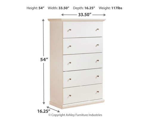 White five-drawer chest with five metal-knob drawers and crown top trim