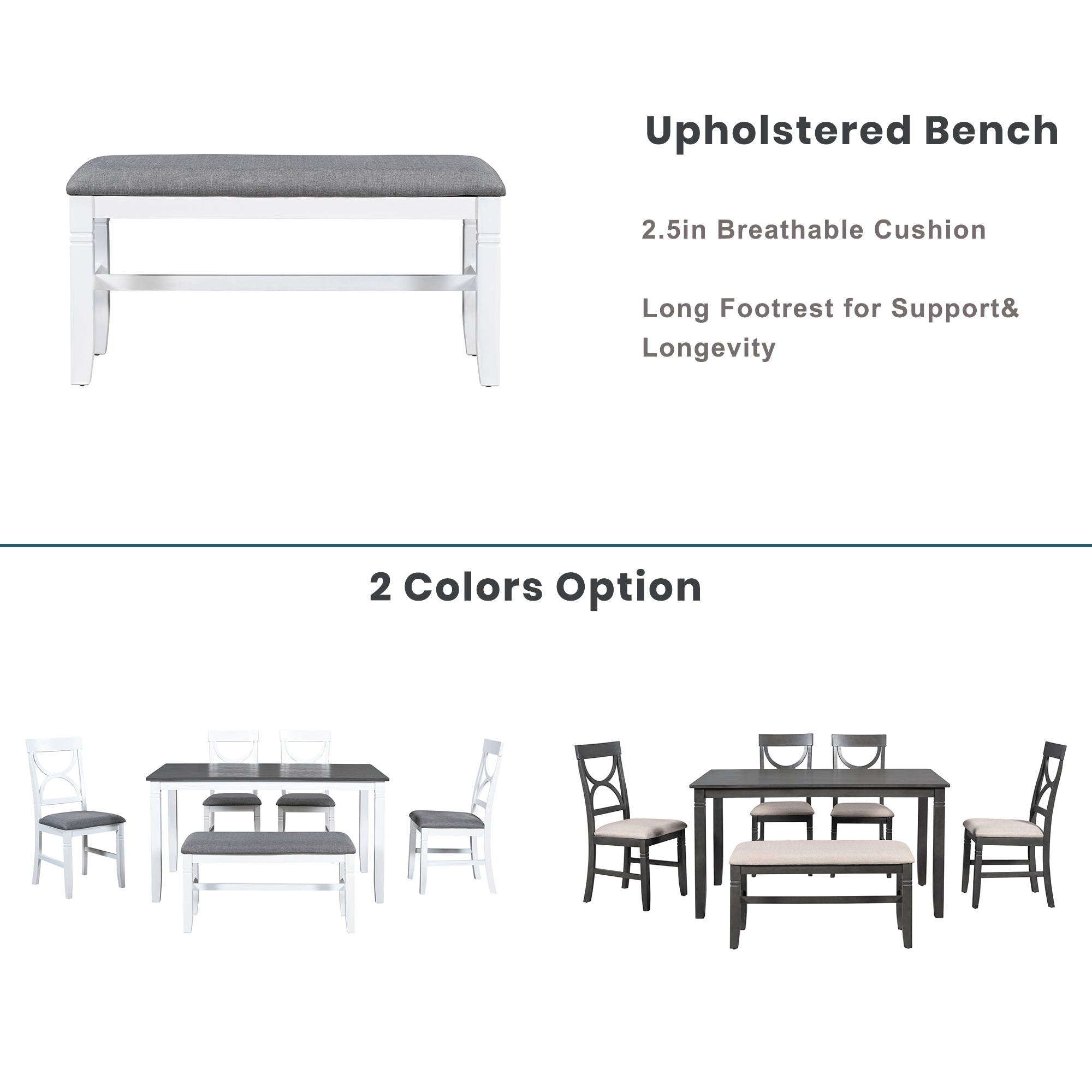 6-Piece Farmhouse Dining Set w/ Bench & Chairs