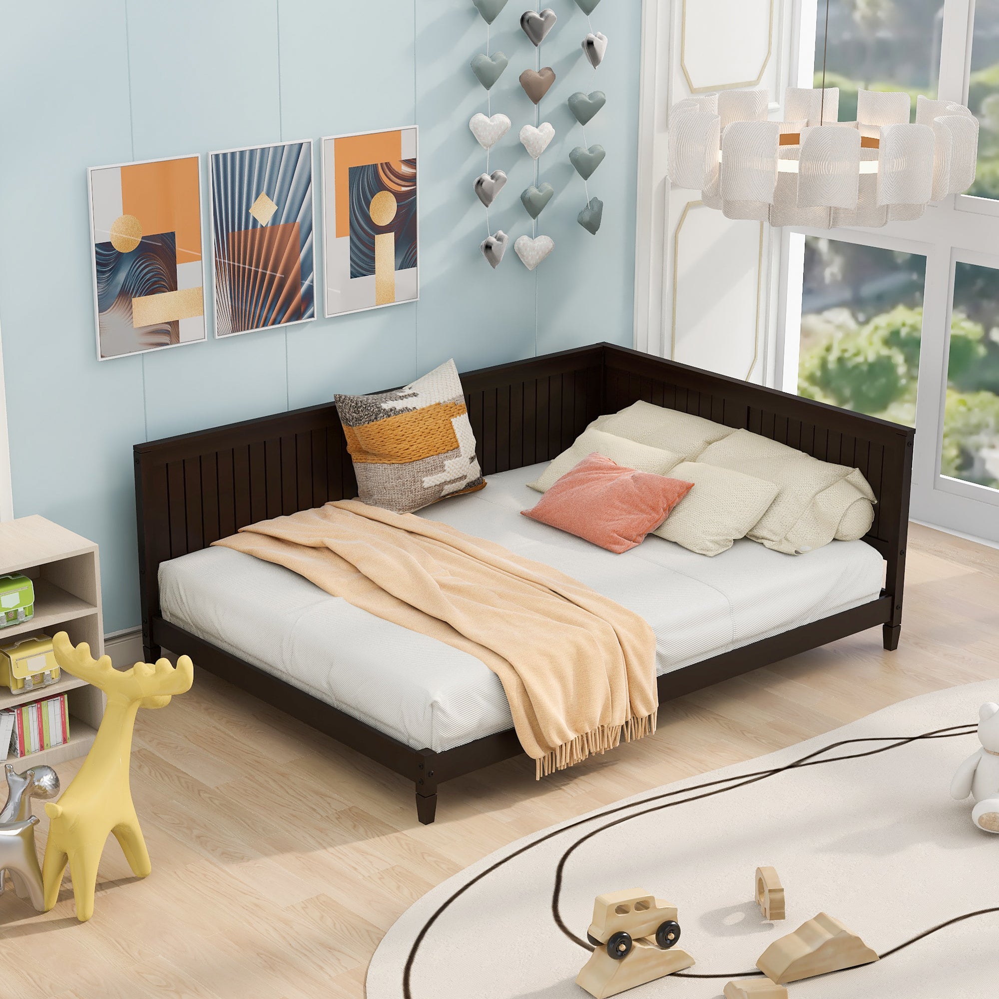 Full Size Espresso Wood Daybed with Trundle - Sofa Bed Frame