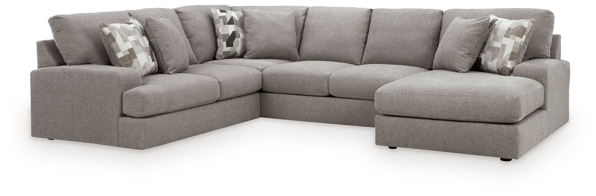 Lindon sectional sofa in smoke gray with corner layout and patterned throw pillows