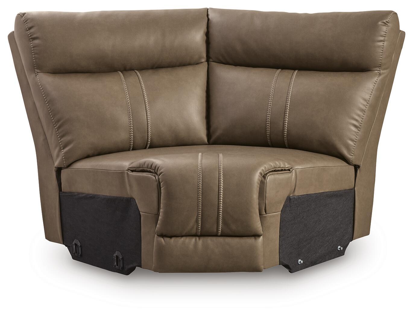 Brown sectional wedge with padded arms, tufted back cushions, and dark side storage panels