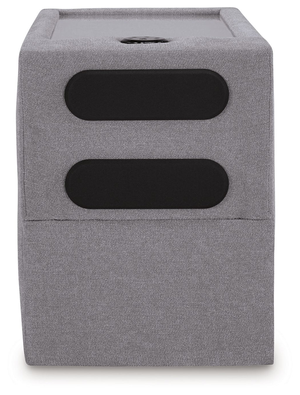 Gray upholstered console with two black oval openings and recessed top tray