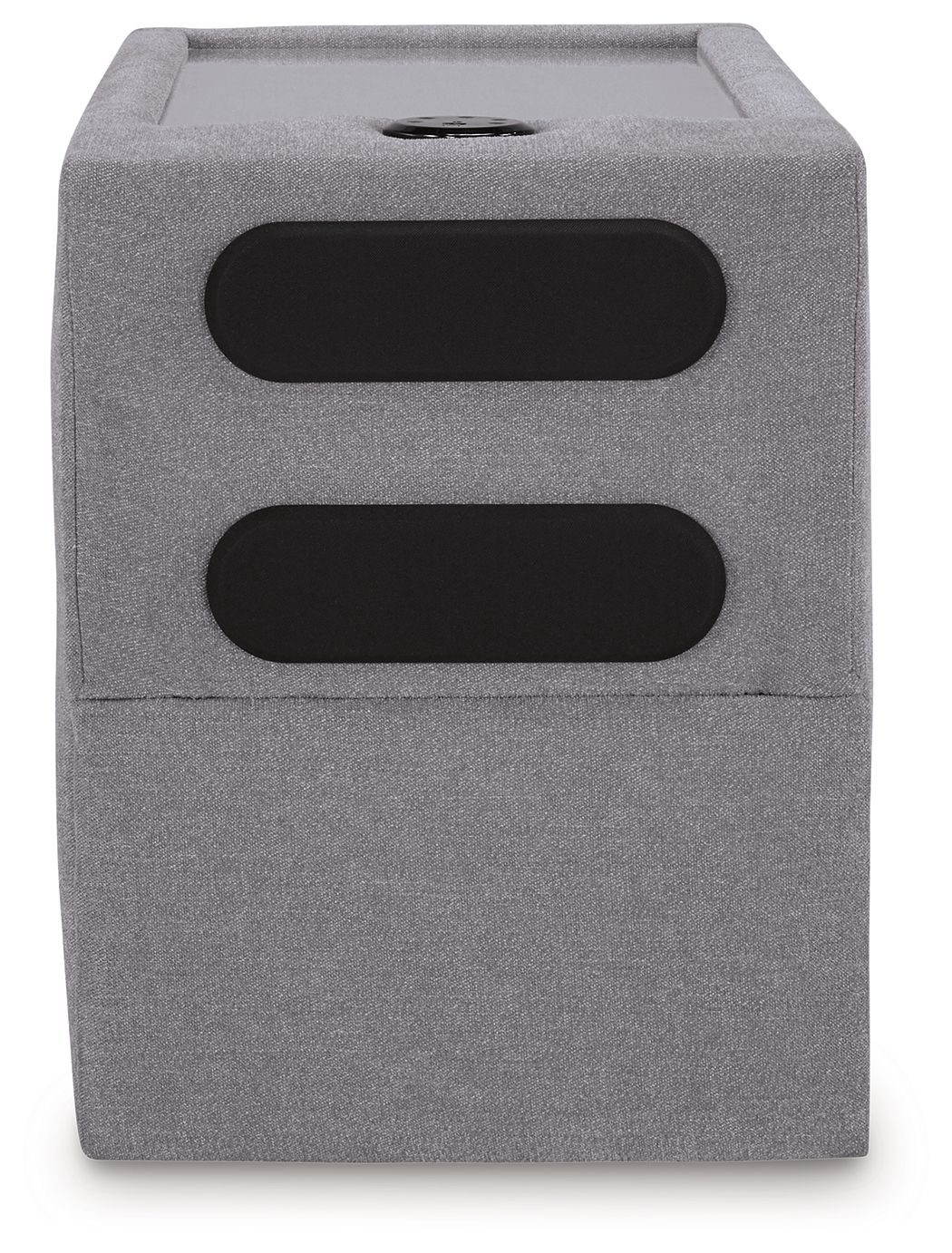 Gray upholstered console with two black oval openings and recessed top tray