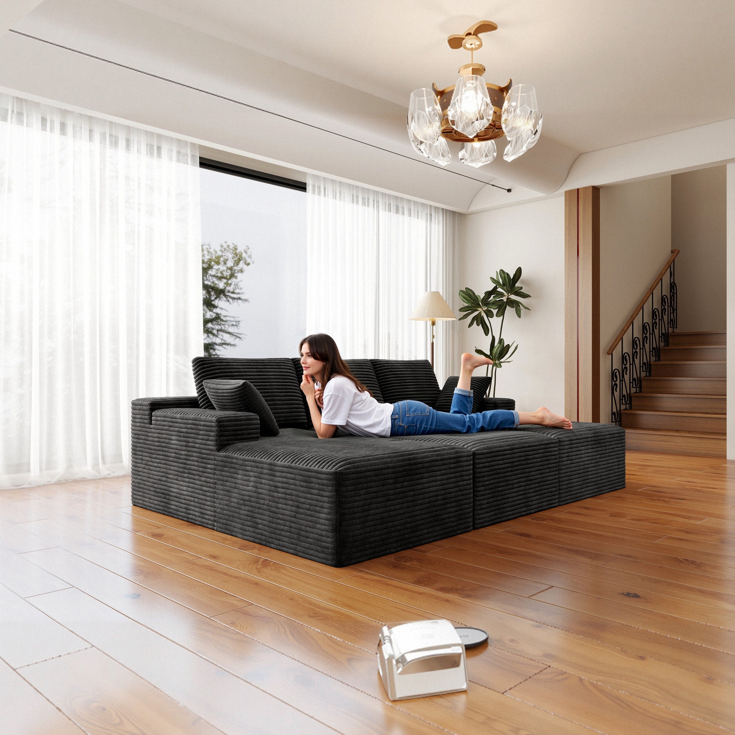 Grey Corduroy Modular Sectional Sofa 4PC - No Assembly