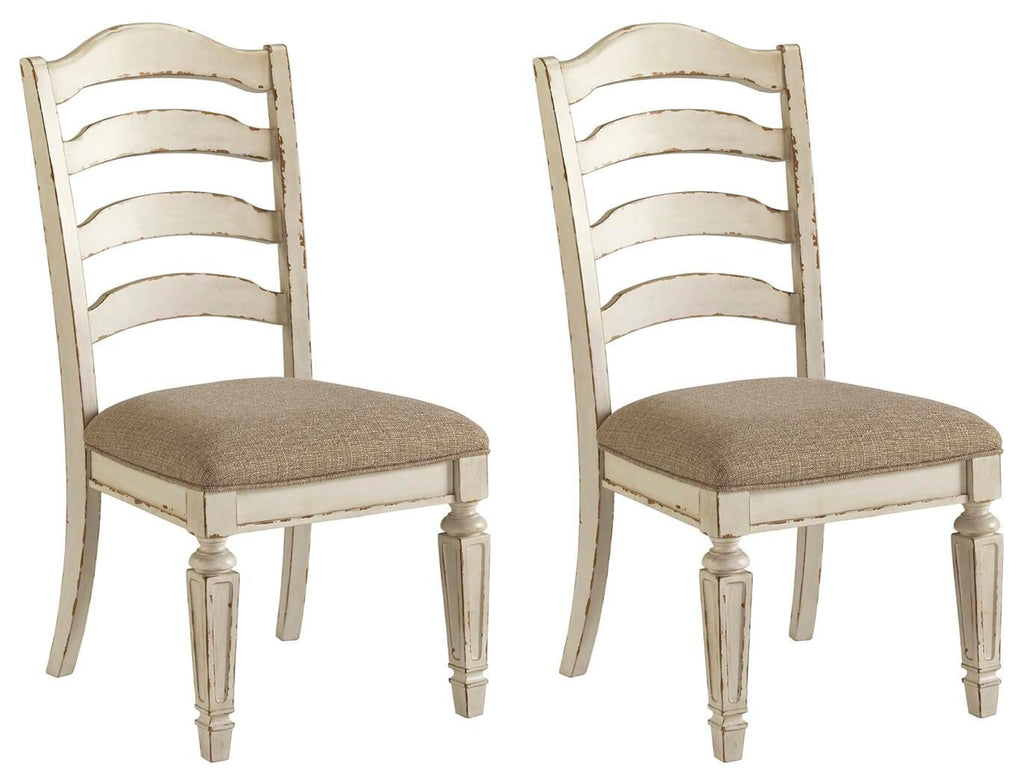 Set of 2 ladderback dining side chairs with upholstered seats, distressed white finish