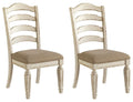 Set of 2 ladderback dining side chairs with upholstered seats, distressed white finish