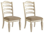 Set of 2 ladderback dining side chairs with upholstered seats, distressed white finish