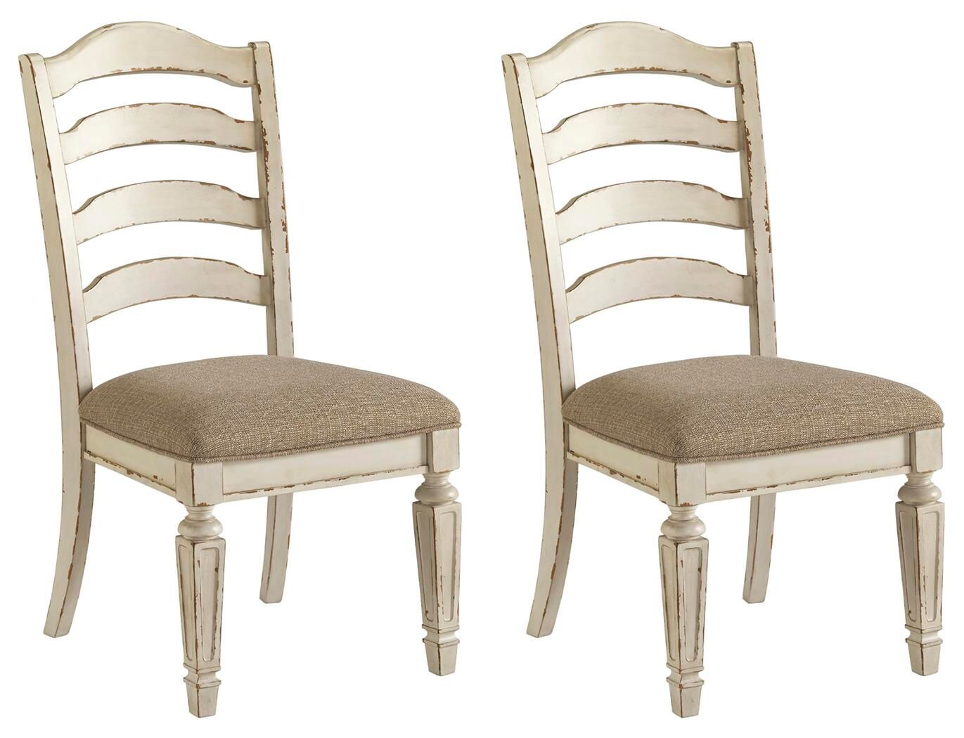 Set of 2 ladderback dining side chairs with upholstered seats, distressed white finish