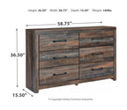 Wood dresser with 6 drawers and metal bar pulls, shown with size measurements