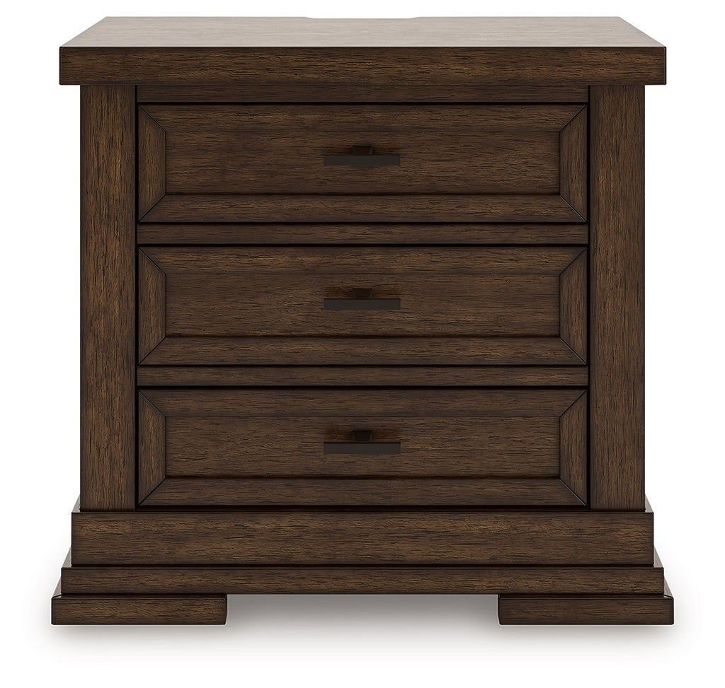 Medium brown three-drawer night stand with three drawers and bar pulls