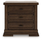 Medium brown three-drawer night stand with three drawers and bar pulls