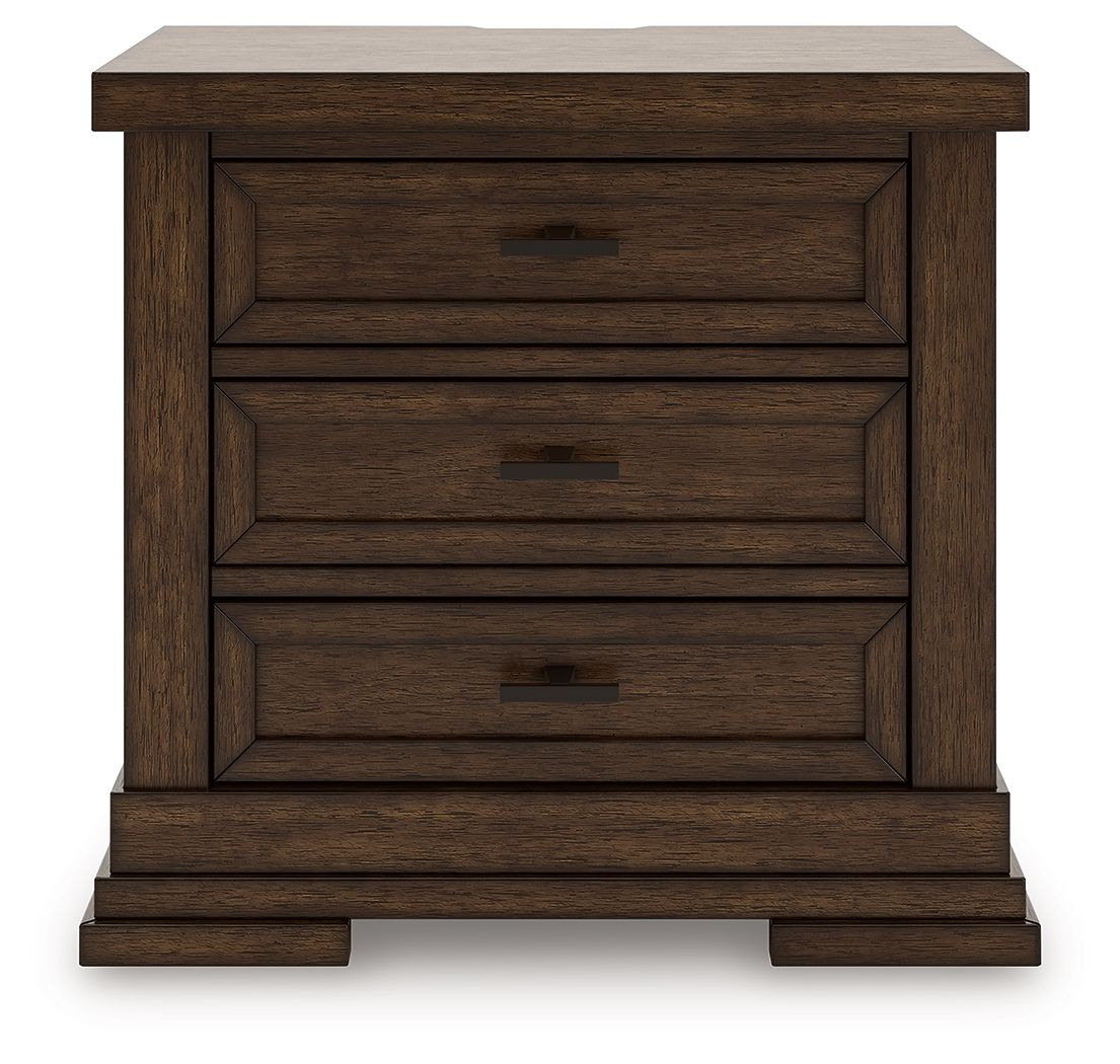 Medium brown three-drawer night stand with three drawers and bar pulls