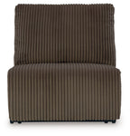 Chocolate armless recliner seat and back with ribbed fabric and dark base feet.