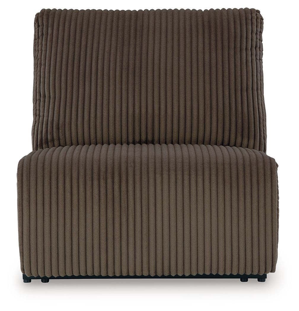 Chocolate armless recliner seat and back with ribbed fabric and dark base feet.
