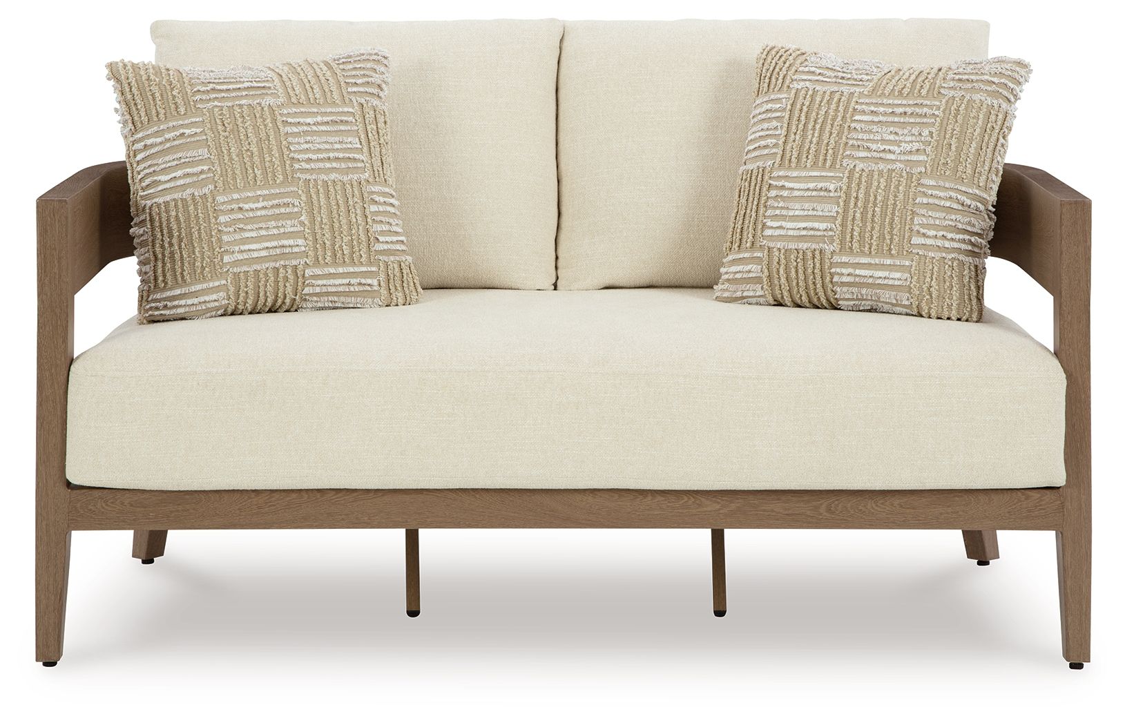 Loveseat with cushion, dark brown base and light beige backrest with two patterned pillows