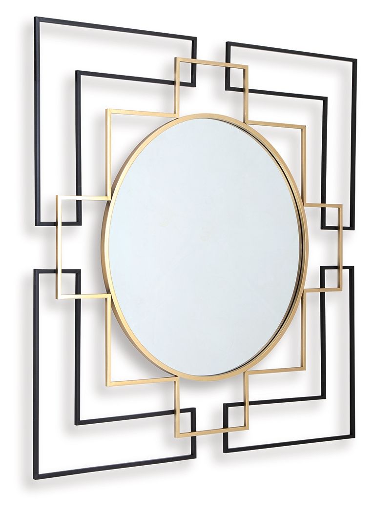 Round black accent wall mirror with gold rim and stacked square metal accents.