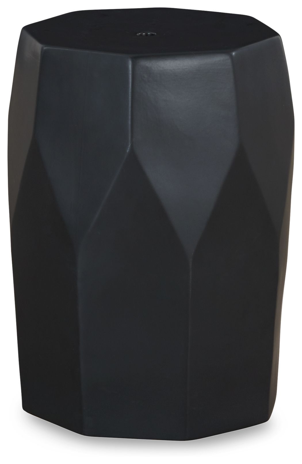 Black geometric stool with octagonal top and carved panel detailing.