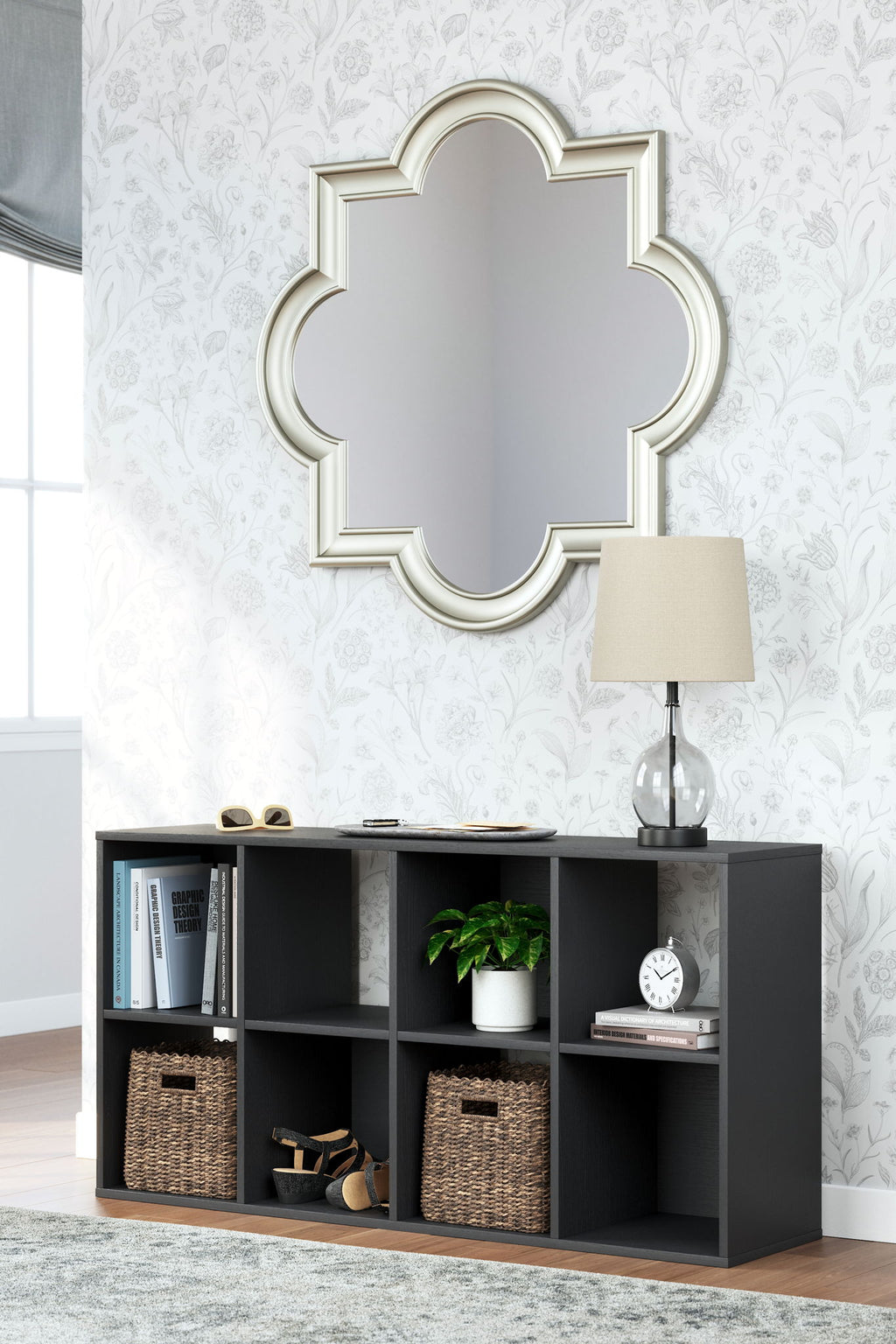 Black 8-cube organizer shelving unit with open compartments, standing storage