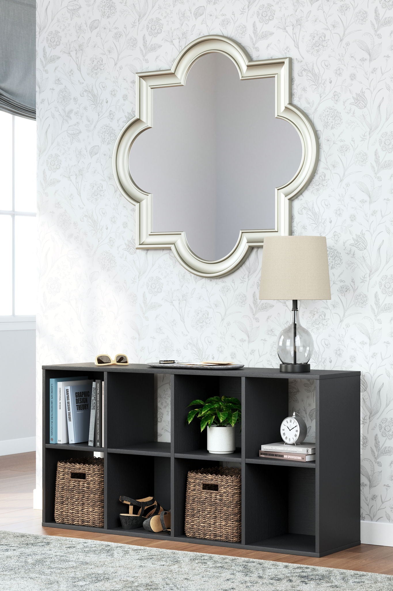 Black 8-cube organizer shelving unit with open compartments, standing storage