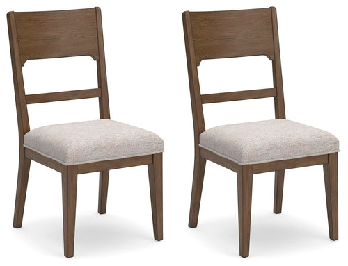 Upholstered dining side chairs set of 2, light oatmeal fabric seats and light brown wood frames
