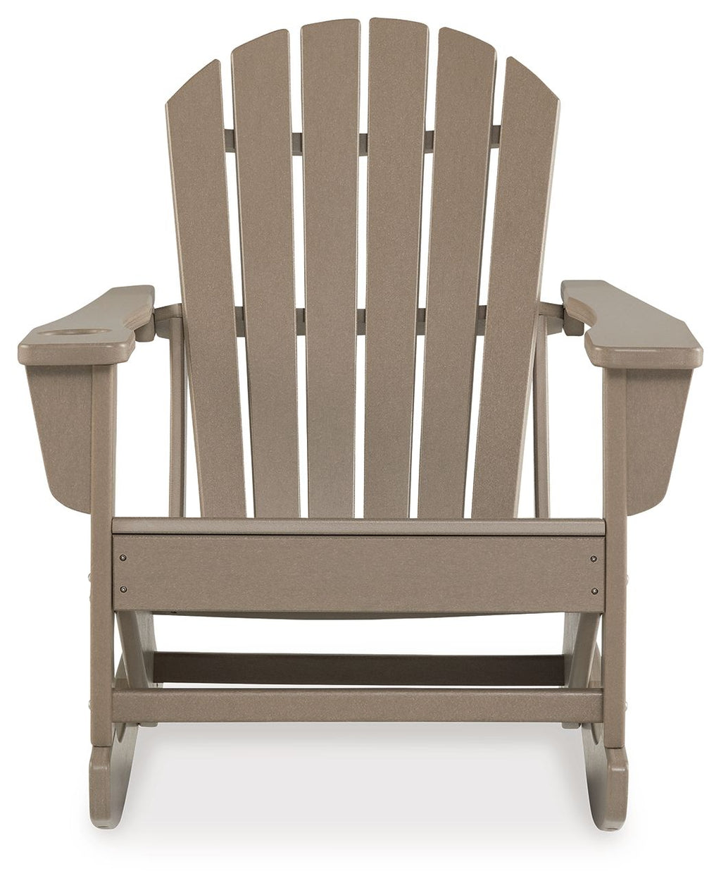 Light brown Adirondack rocking chair front view with slatted back and armrests.