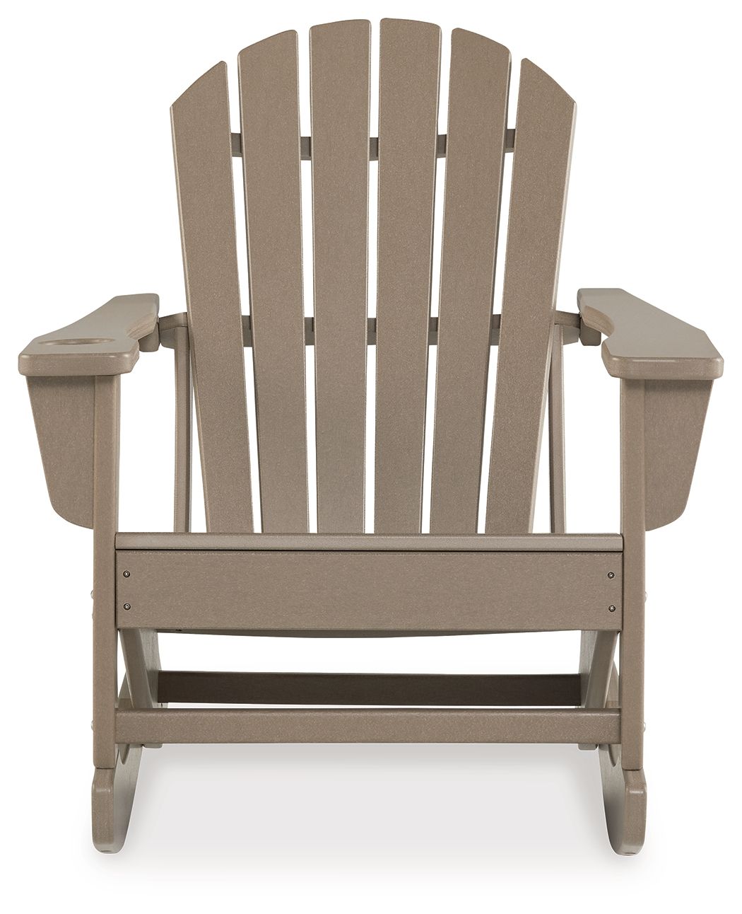 Light brown Adirondack rocking chair front view with slatted back and armrests.