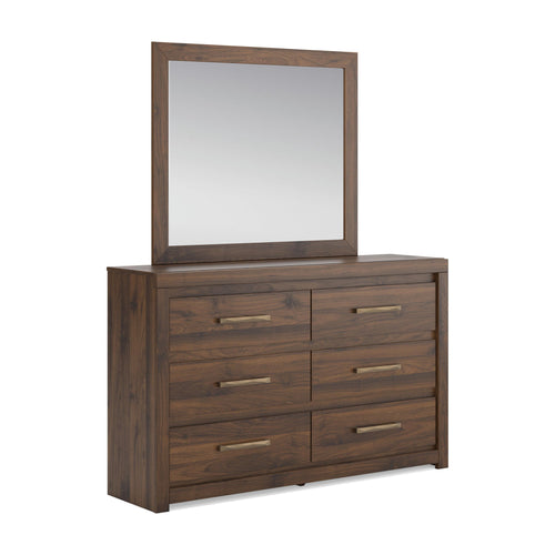 Light brown dresser with attached mirror above six drawers and bar drawer pulls.