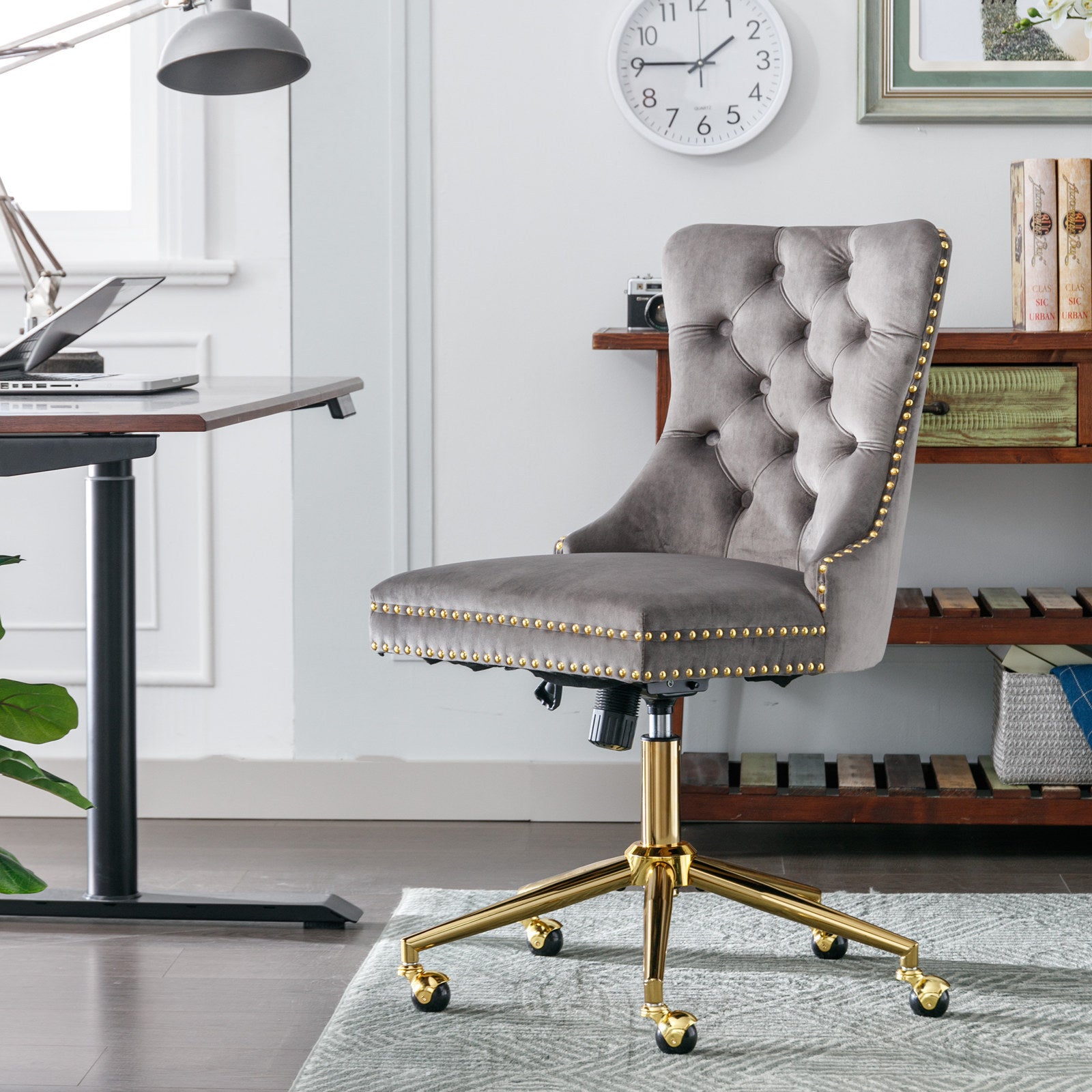 Velvet Tufted Office Chair w/ Gold Base- Gray