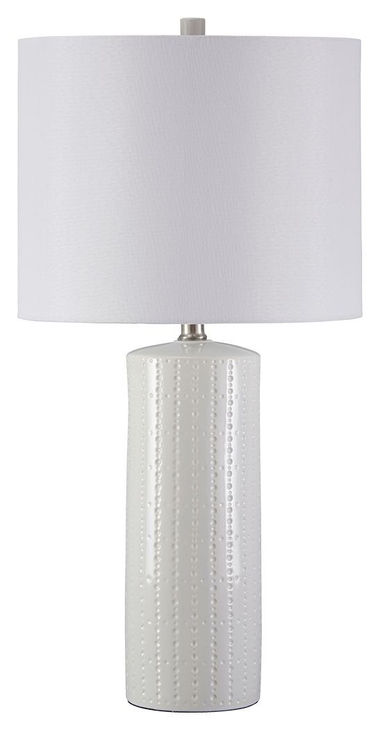 Steuben ceramic table lamp with white drum shade and white ribbed ceramic base