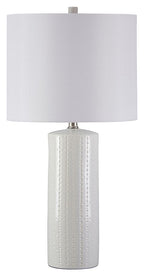 Steuben ceramic table lamp with white drum shade and white ribbed ceramic base