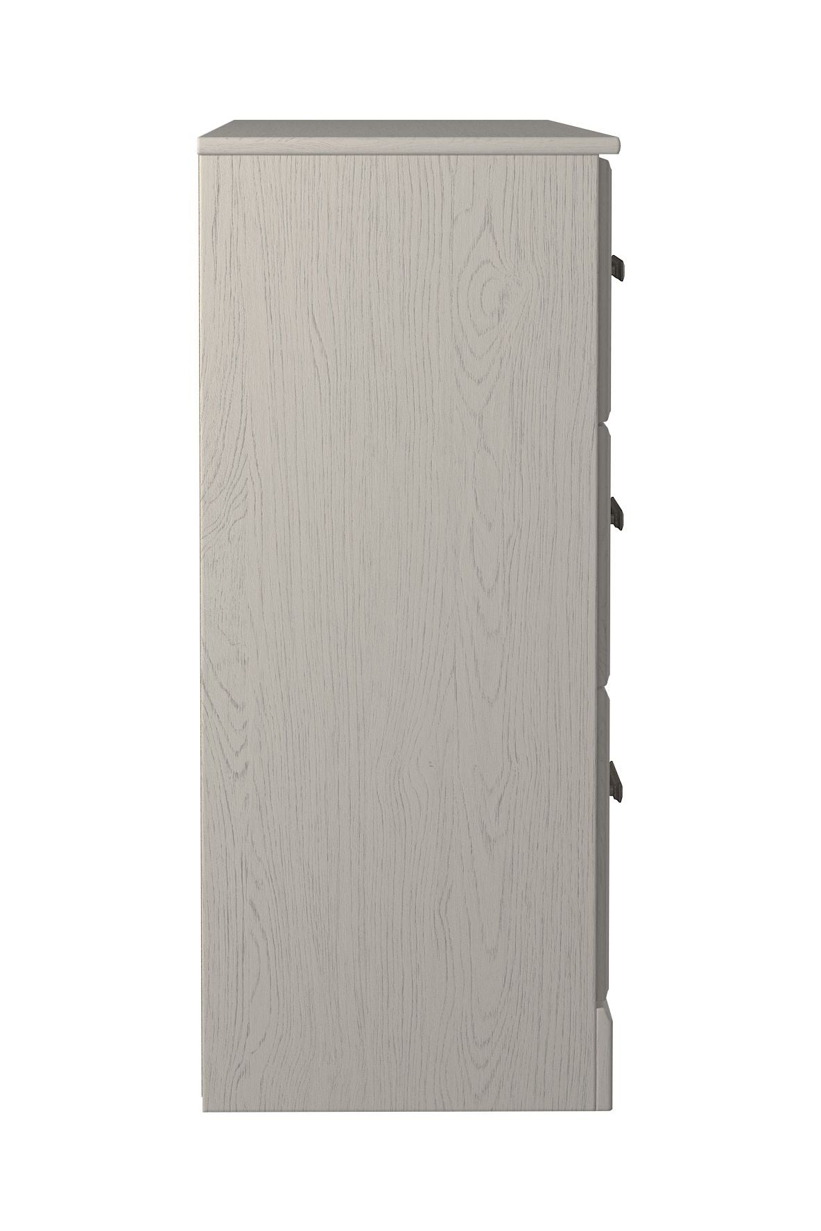 White six-drawer dresser side panel with three visible drawer handles