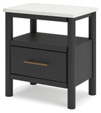 Black night stand with one drawer and open shelf, brass-toned bar handle
