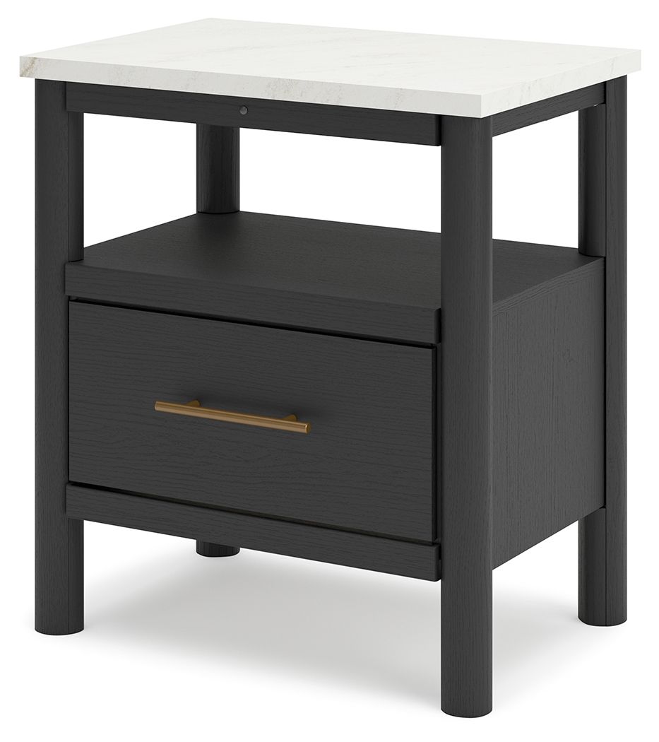 Black night stand with one drawer and open shelf, brass-toned bar handle