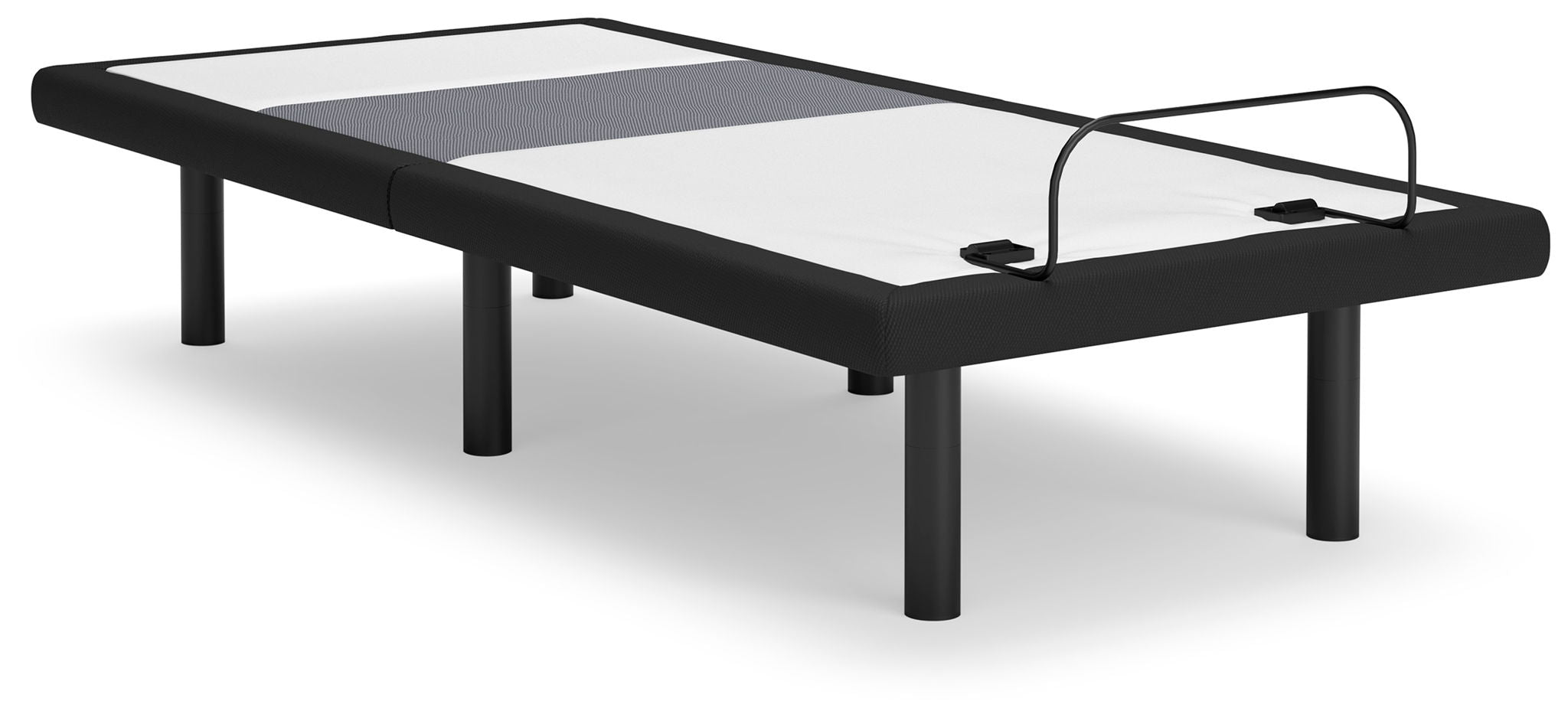 Adjustable bed base with lumbar support and audio, dark frame, side view with cable on top