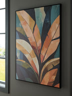 Framed abstract leaf wall art with teal-blue background and orange cream frond lines
