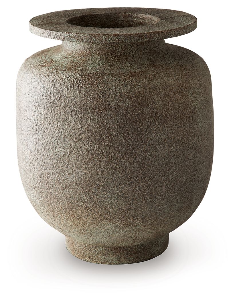 Gray textured vase with open mouth and wide flared top