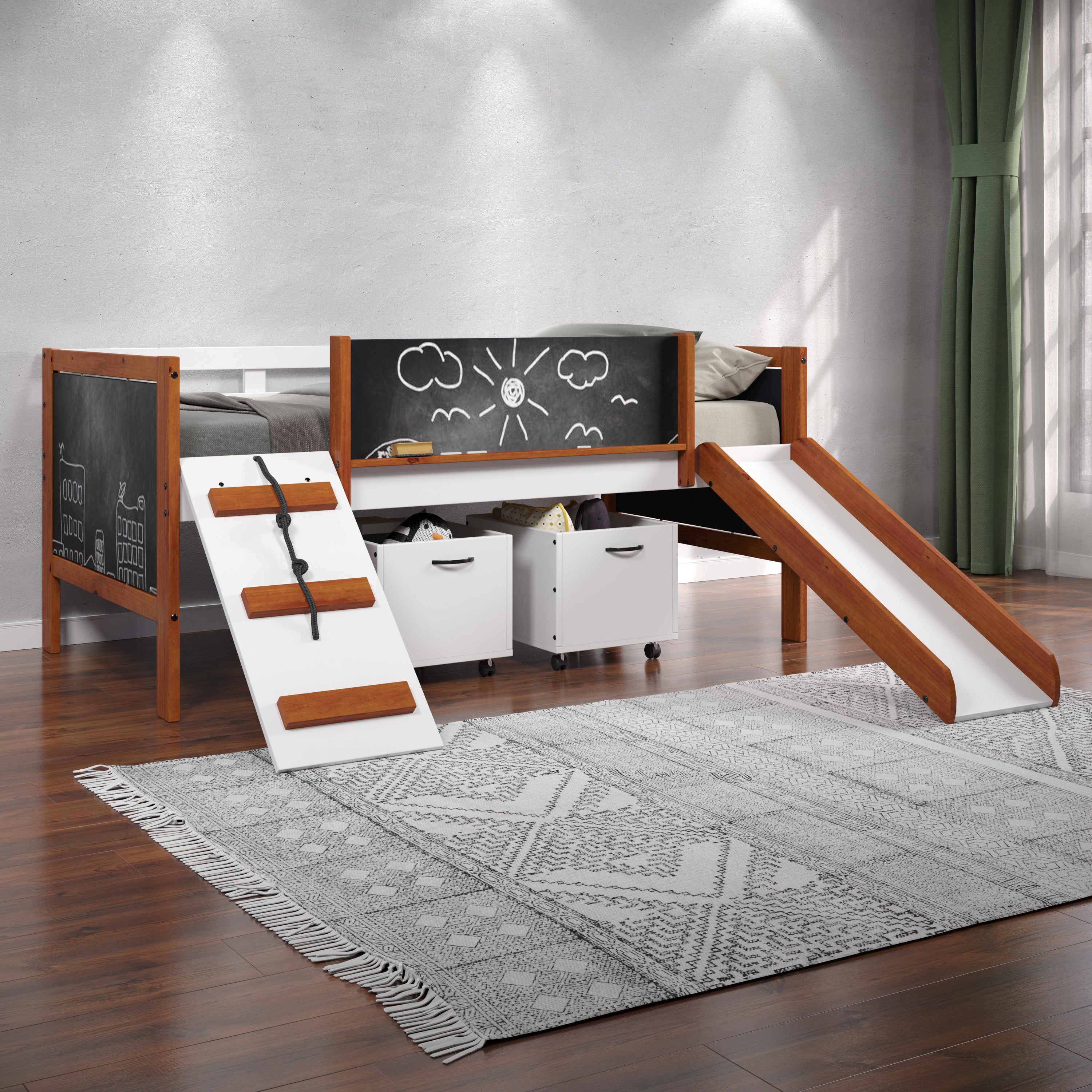 Cherry Oak & White Twin Loft Bed with Slide | Kids Room Furniture Fun
