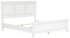 White panel bed with open storage space under the mattress frame.
