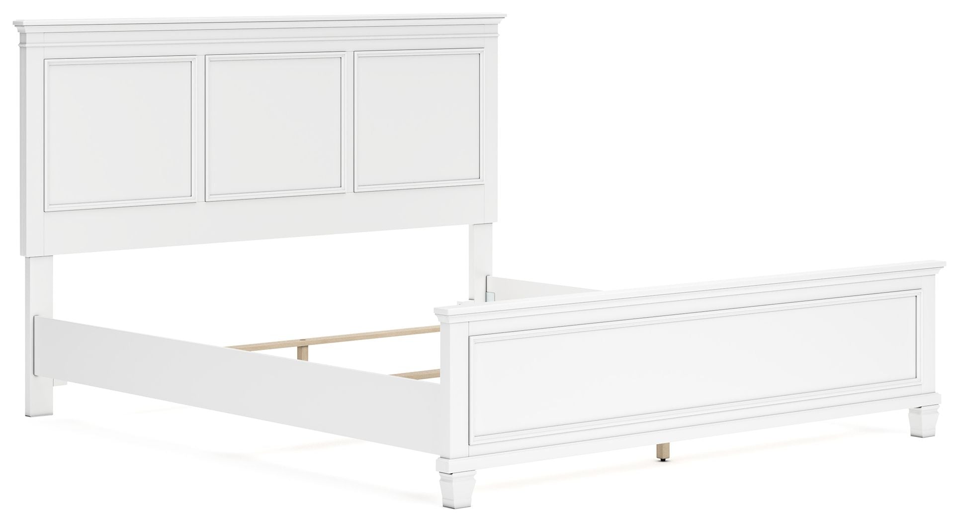 White panel bed with open storage space under the mattress frame.