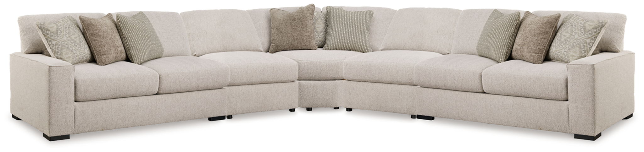 Sand beige sectional sofa with chaise corner and tufted cushions, square arms, black feet
