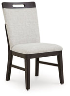 Upholstered dining side chair, light gray fabric seat and back, dark brown frame