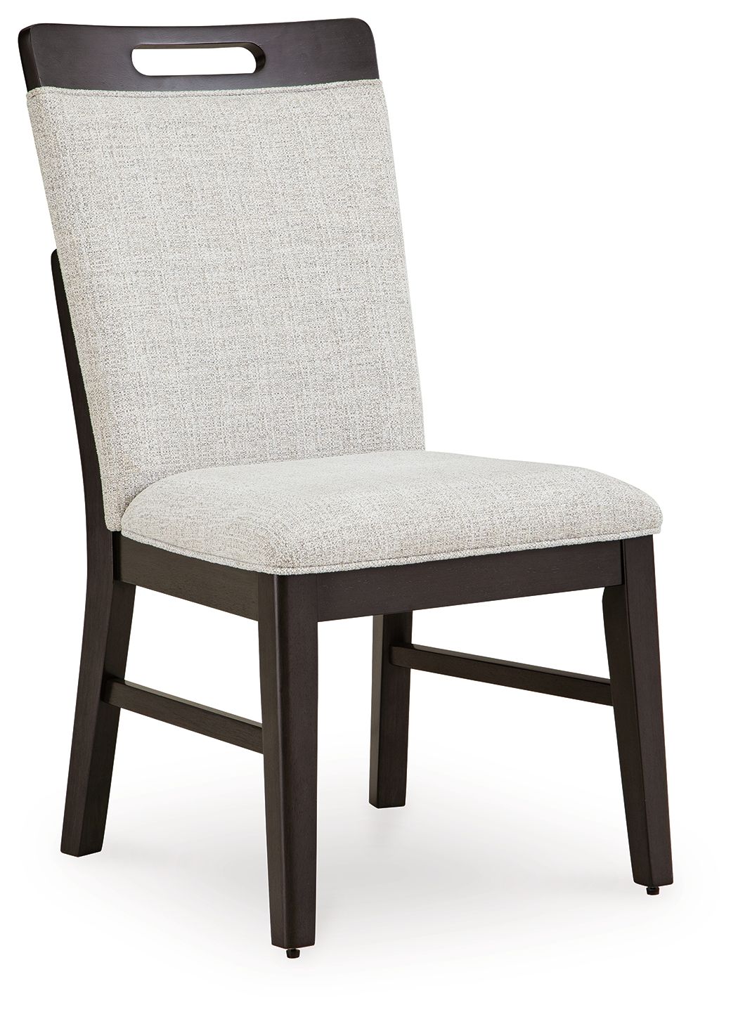 Upholstered dining side chair, light gray fabric seat and back, dark brown frame