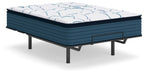 Queen plush PT 3.0 mattress with white patterned top, dark teal sides and legs